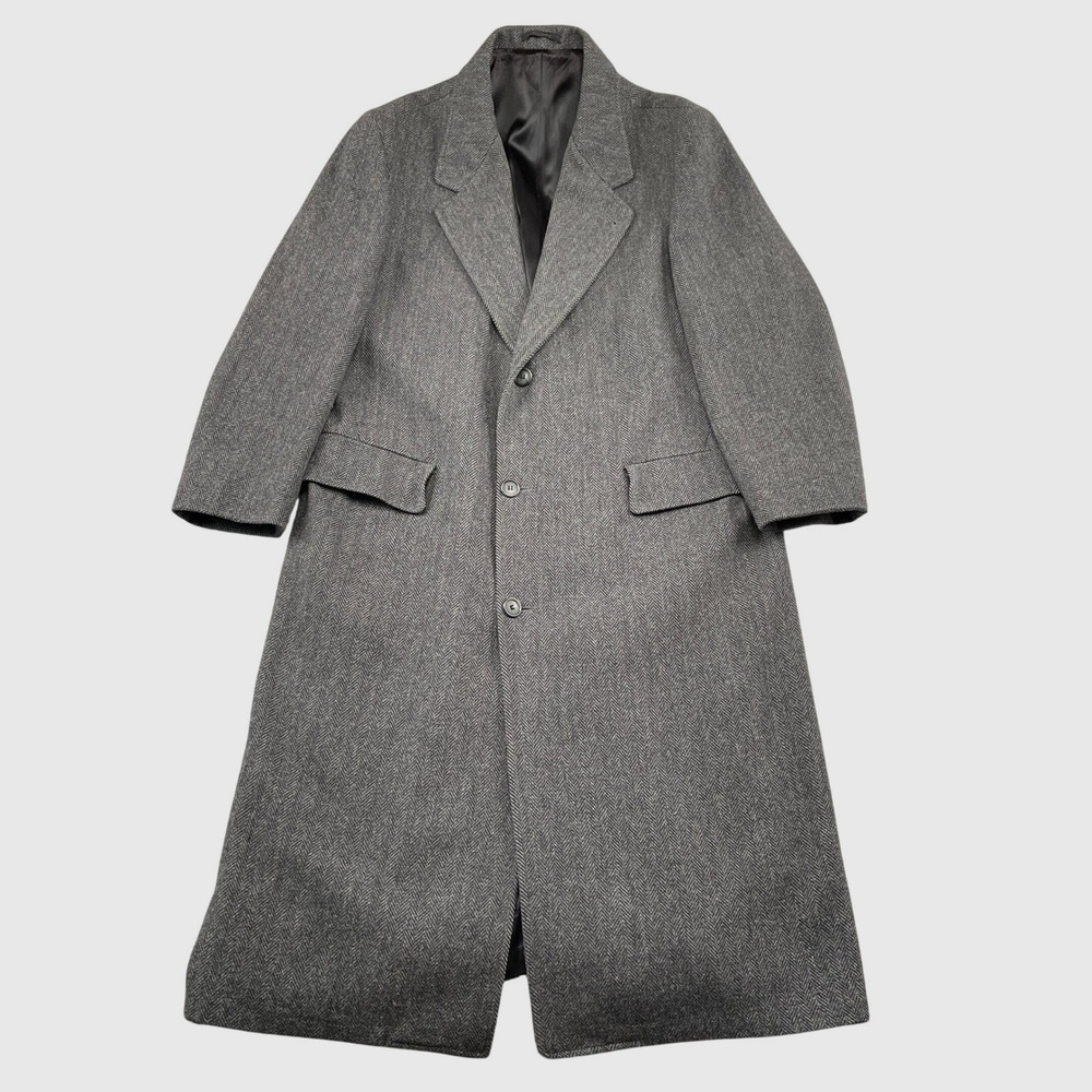 VTG London Fog Overcoat Mens 44L Grey Herringbone Wool Vintage Trench Coat USA